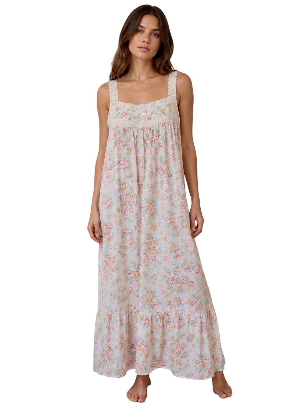 Vintage Society Pastel Floral Lace Trim Maxi Nightgown Large